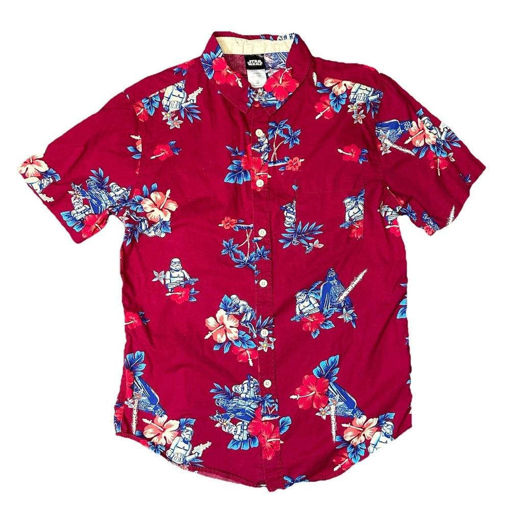 Star Wars Men SMALL Hawaiian Red Shirt Button Up Floral Darth Vader Stormtrooper